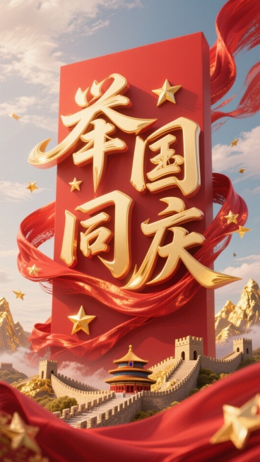 红色背景。主标题笔触飘逸的金色艺术字“举国同庆”，一条突出的动态感强的红色绸布（表面凸显金色星星）贯穿缠绕文字，金色山脉、长城、天坛穿插其在文字周围。预览效果