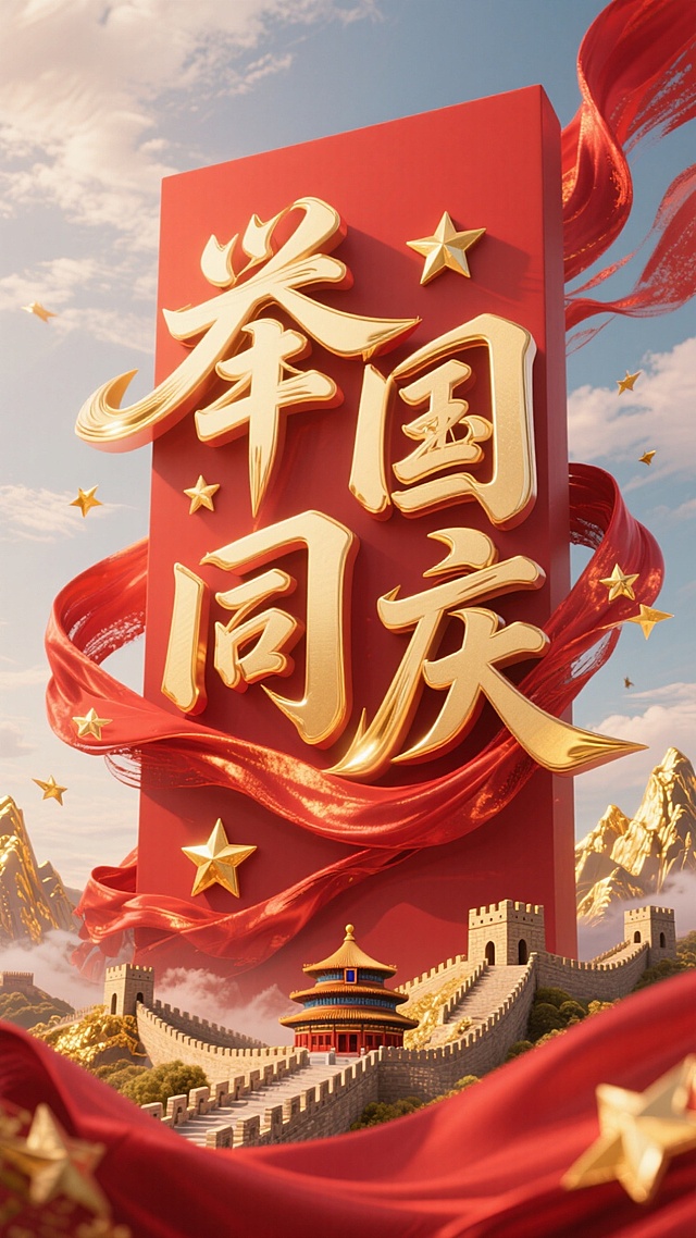 喜庆中式3D设计，鎏金大字“举国同庆”，红绸飘扬，长城映衬，节日氛围浓厚。