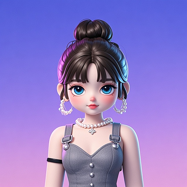 软3D风卡通少女，甜美可爱，紫色渐变背景，珍珠配饰增添优雅。