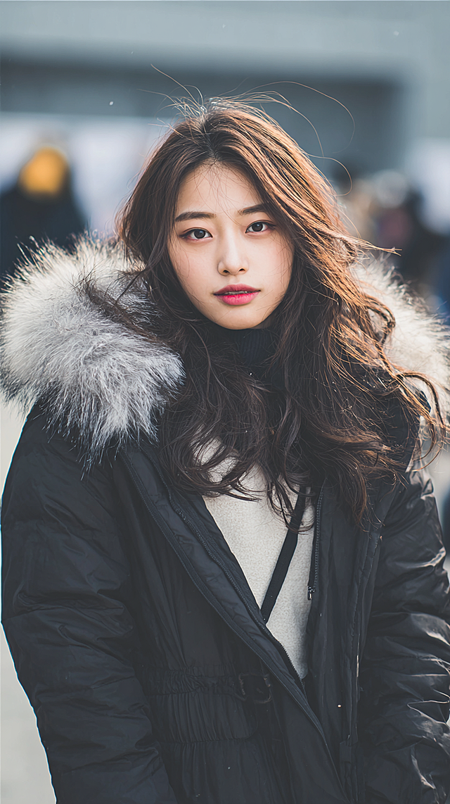 将参考图中的年轻女性面部轮廓、眼、鼻、唇形严格复制，完美身材，不用围巾，生成8张人物冬装图片，漂亮大方得体的户外冬装，不要羽绒服，不要带帽子的衣服，衣服不要太臃肿，不要雪景，写实，真实摄像，8K高清画质，电影级色彩校准，温暖色调，对比度适中，画面构图平衡，生成8张图片，9:16