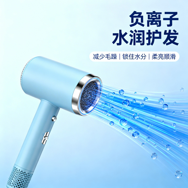 [主图 4] 吹风机负离子护发功能可视化展示
[氛围/风格] 科技动感，清新自然，动态光影
[画面元素] 吹风机倾斜放置在画面左侧，出风嘴朝向右侧，蓝色半透明负离子粒子光束从风嘴吹出，可视化呈现风流效预览效果