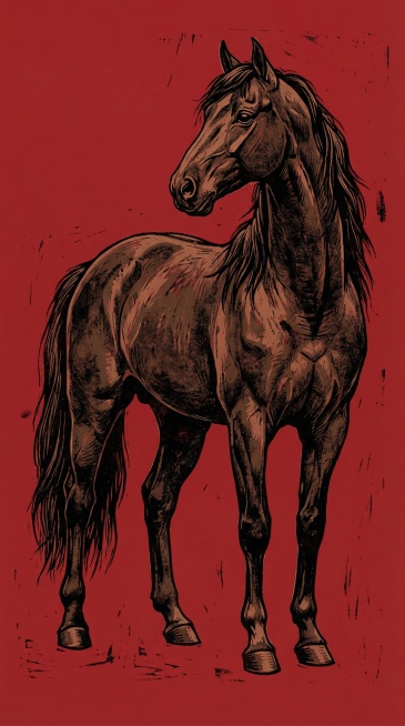 一匹健壮的成年马，头部轮廓清晰，耳朵竖立，眼睛明亮灵动，颈部修长微拱，浓密顺滑的鬃毛垂至肩部，背部平直肌肉线条流畅，四肢修长有力关节分明，蹄子结实圆润，长而蓬松的尾巴自然下垂，整体姿态挺拔优雅且充满力预览效果