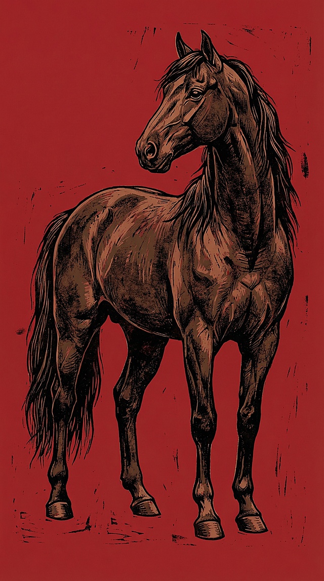 复古感与古典感交织，插画风马匹以厚涂技法呈现，搭配版画风纹理与印刷风肌理，红底衬托出优雅而庄重的视觉张力。