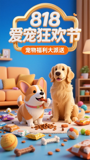 3D卡通风格。顶部（立体鎏金边的白色字标题“818爱宠狂欢节”，标题下面的橙色副标题框内写着“宠物福利大派送”）。主体是一只在吃狗粮的柯基和一只端坐着的金毛。背景是暖色调的客厅，客厅地上有杂乱放置的狗预览效果