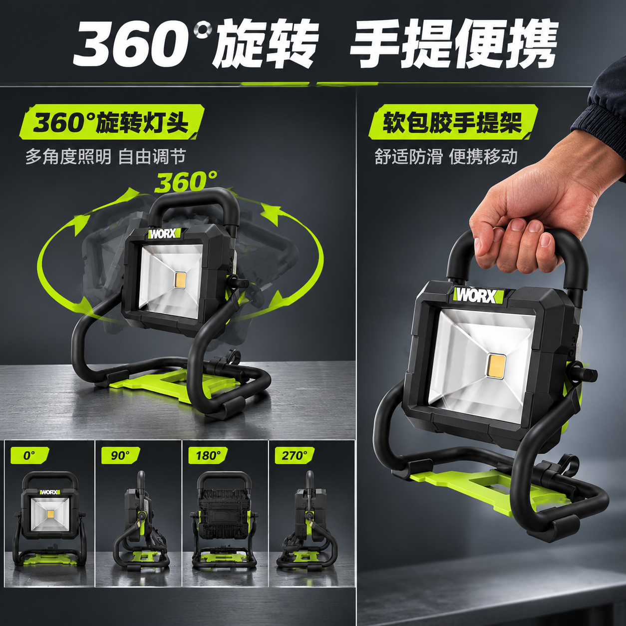 [主图-3] 360度旋转+手提便携图，主题：360°旋转灯头… - 图片创意预览