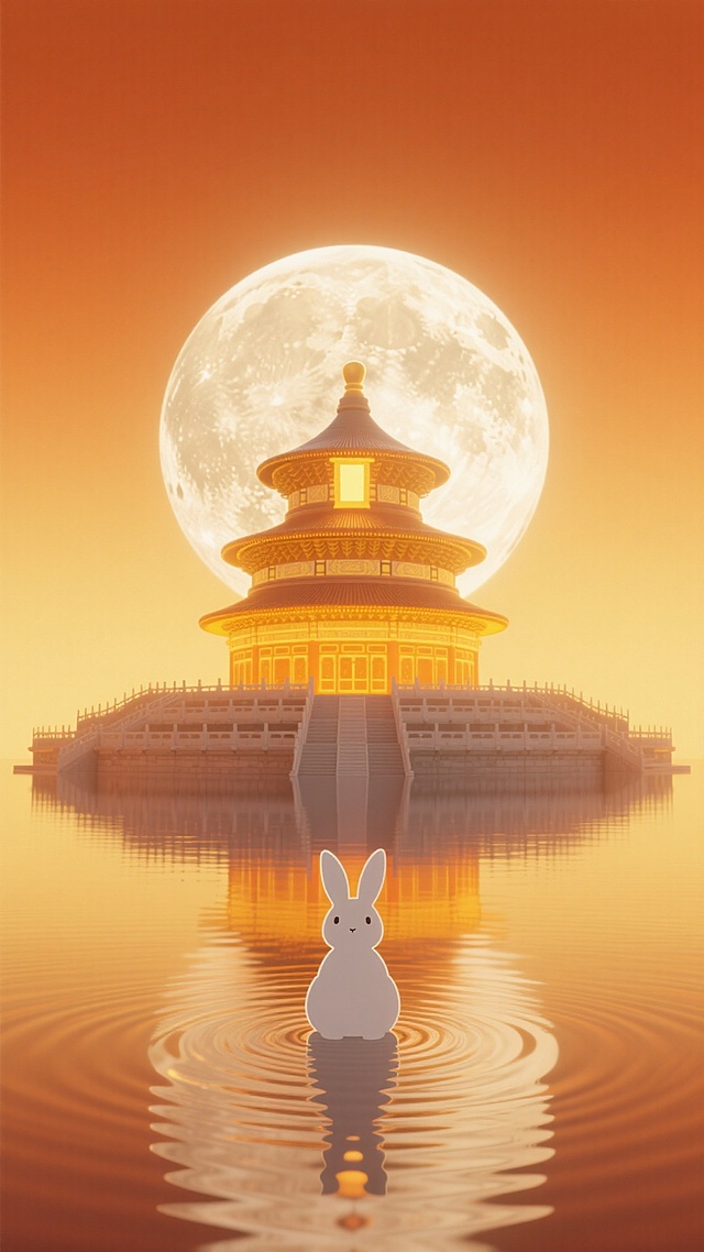 中式感与梦幻感交织，3D风格呈现天坛与满月倒影，轻拟物风玉兔立于水面，鎏金光晕中透出静谧神圣，超现实主义营造中秋佳节的唯美元境。