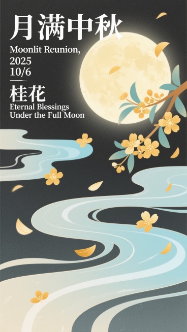 新中式扁平商业插画，宋代美学意境，超现实动态感，冷色调为主局部暖色点缀。画面上方居中“月满中秋”，左侧竖排“Moonlit Reunion, 2025”和日期“10/6”，下方“桂花”和“Eterna预览效果