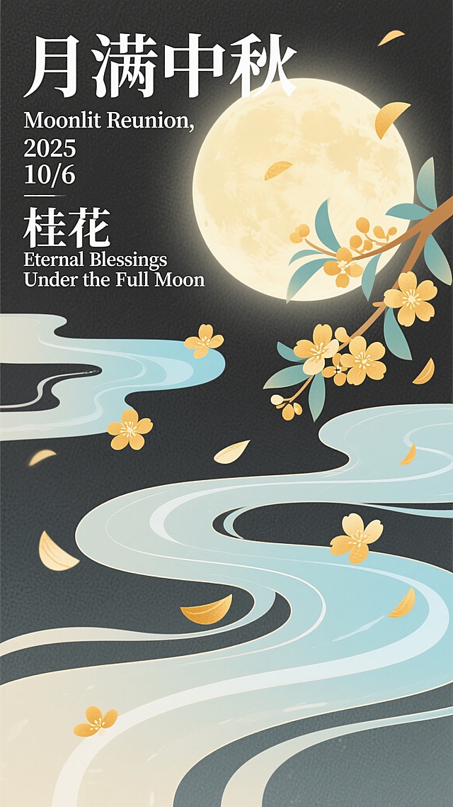 中式插画风，大字“月满中秋”醒目，桂花与圆月映衬，尽显中秋团圆之美。