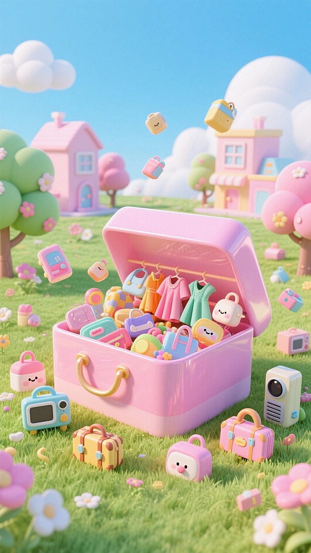 草地上巨大粉色购物盒，里面和周围装满并环绕各类可爱商品（服饰、箱包、电器等），周围有马卡龙色系卡通建筑、树木、花朵，还有漂浮的商品与小装饰元素，背景是晴朗蓝天与白云