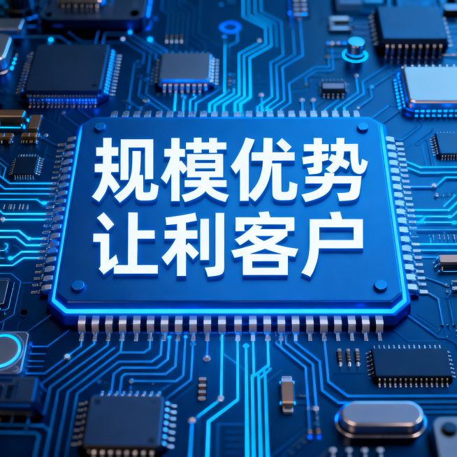 芯片行业百度竞价投放创意配图，科技风，蓝色主题，背景布满芯片电路元素，包含文案"规模优势 让利客户"，文字使用阿里巴巴普惠体，文字样式现代不老套，整体风格统一科技感预览效果