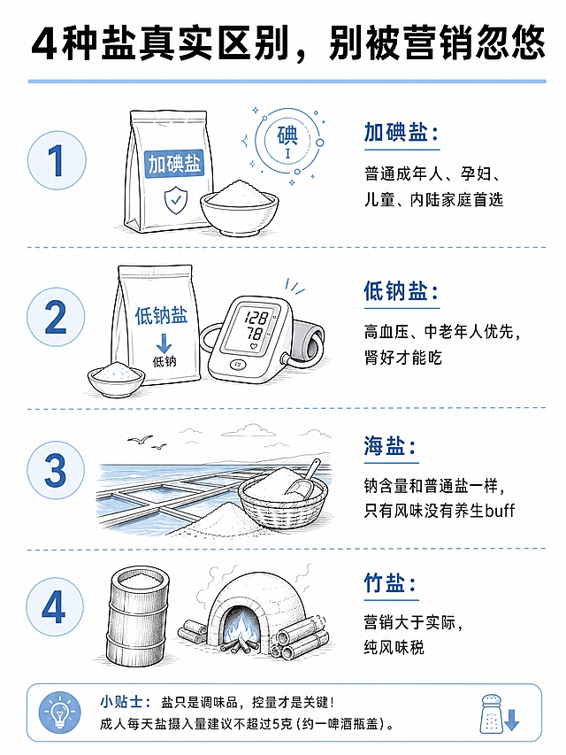 小红书健康科普信息图，竖版3:4，白底，医疗蓝线稿风格，参考颈椎分级图的版式与插画语言。顶部标题：「4种盐真实区别，别被营销忽悠」，黑色粗体，下方浅蓝色横线。画面纵向分为四个区块，用浅蓝色虚线分隔，每块左侧是一个圆形数字编号（1/2/3/4），中间是盐相关线稿插画，右侧是盐名称和说明文字：1 加碘盐：普通成年人、孕妇、儿童、内陆家庭首选；2 低钠盐：高血压、中老年人优先，肾好才能吃；3 海盐：钠含量和普通盐一样，只有风味没有养生buff；4 竹盐：营销大于实际，纯风味税。每块用简洁线描插画表现：加碘盐的碘元素符号、低钠盐的血压计图标、海盐的海水晒盐场景、竹盐的竹筒煅烧示意。整体白底，黑色细线，医疗蓝点缀，专业清晰，符合医疗逻辑。