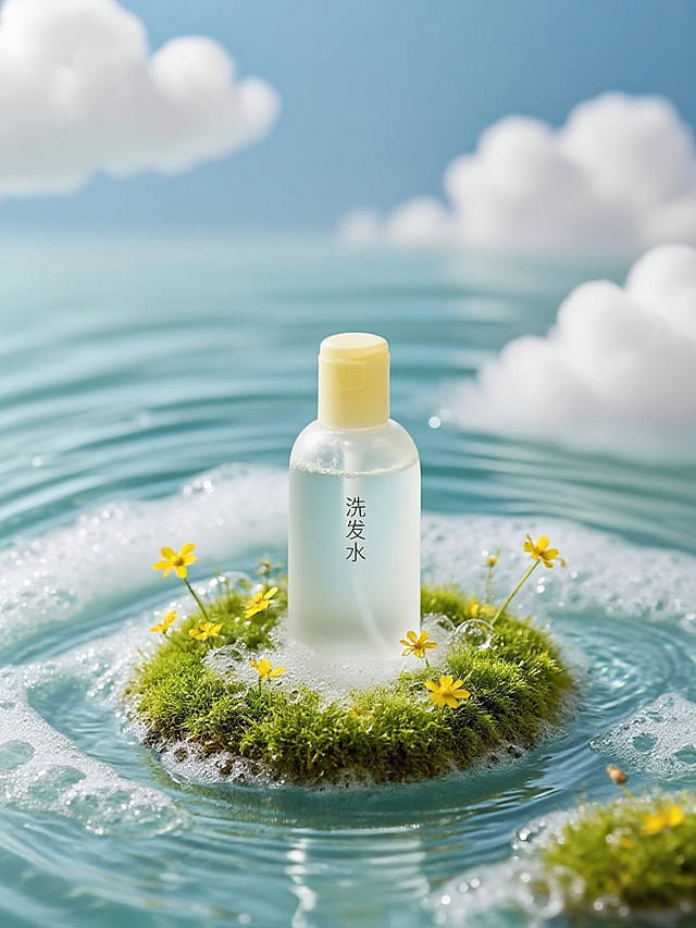 把主体放在一个微观生态小岛上，周围是绵密泡沫、水波纹、黄色小花，云朵，泡沫肌理明显。静物摄影，柔和的自然光线。