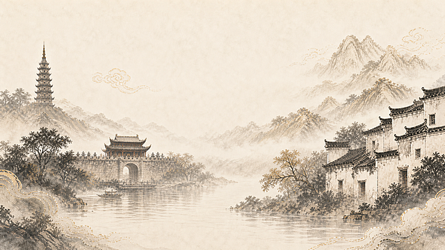 去掉图中的高井头文字，去掉中间的酒瓶，保留安徽安庆高井头地理文化水墨新中式背景，调整为16:9横版