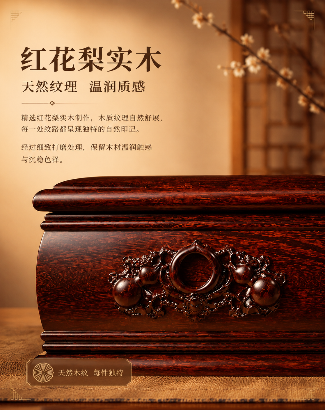 [主图-2] 红花梨实木材质展示：突出天然木纹与温润质感，体现… - 图片创意预览