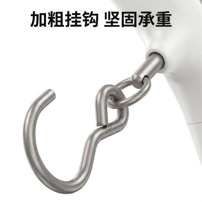 [主图-3] 首衡电子手提秤挂钩结构细节展示主图。
[氛围风格] 工艺细节展示专业风格
[画质] 高清特写，金属质感突出，细节清晰
[元素] 特写加粗不锈钢挂钩连接部位，展示挂钩扎实做工和旋转结构，材预览效果