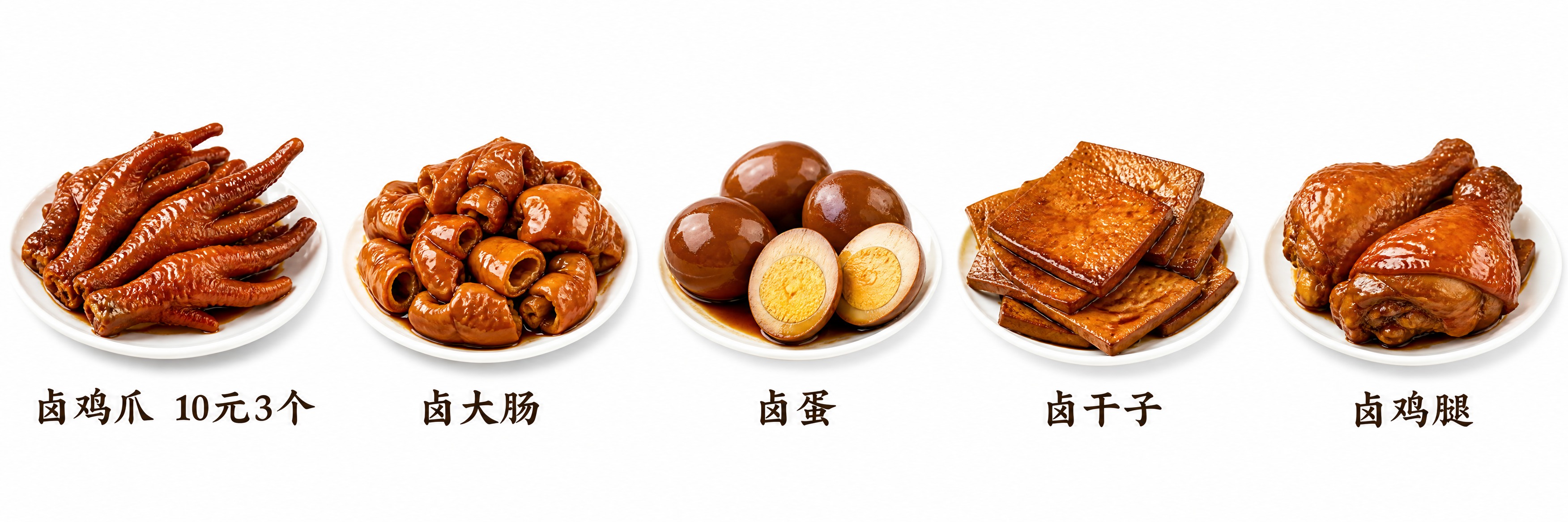 白色背景的卤味菜品展示图，横向排版，从左到右依次展示五种卤味美… - 图片创意预览