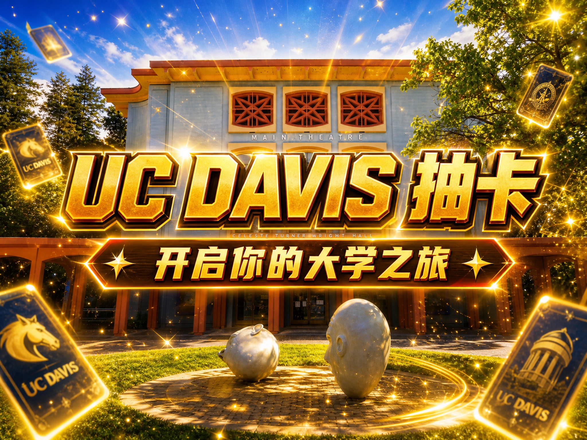 以这张加州大学戴维斯分校校园建筑照片为背景，制作一个抽卡视频封… - 图片创意预览