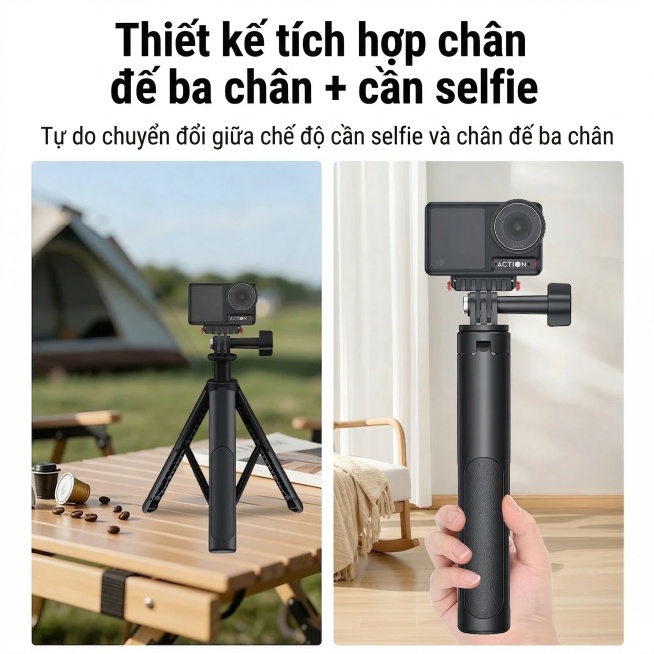 将图中的所有中文文字替换为对应越南语，大标题是"Thiết kế tích hợp chân đế ba chân + cần selfie"，副标题是"Tự do chuyển đổi giữa c预览效果
