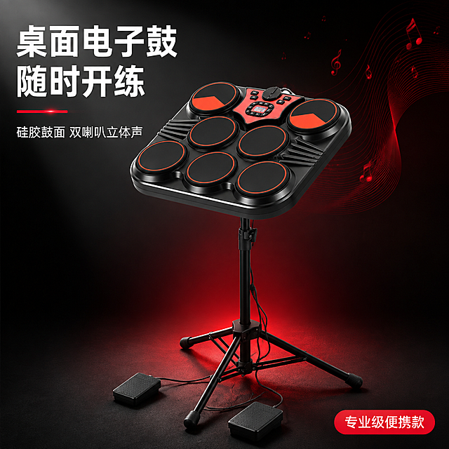 [主图-1] 桌面电子鼓首图 商品识别与核心利益
[氛围风格] 科技潮酷音乐风，专业乐器质感，画面干净高级，淘宝天猫电商首图品质。
[画质] 商业摄影质感、光线通透锐利、产品清晰真实、细节丰富、画面干净高级。
[元素] 画面主体为桌面电子鼓（带支架三脚架与双踏板），产品居中偏下，完整展示正面45°视角，鼓面、控制面板、支架、踏板全部可见。背景为深灰到黑色的径向渐变，底部有微弱红色光晕从产品下方升起，营造舞台聚光感。左上角留出负空间放置主标题。产品下方有柔和接触阴影，悬浮感适中。画面右上角点缀少量抽象声波线条与音符粒子，呈暗红色半透明，不抢主体。保持电子鼓外观（即物理结构、材质质感、颜色、鼓面数量与排布、控制面板按键屏幕、支架三脚架形态、双踏板形状）与输入产品图一致，杜绝任何变形和色差，精细化处理。商品主体占比约65%。
[光影] 主光从左上45°方向打下，硬朗中带柔化，突出鼓面硅胶质感与塑料外壳的高光边缘；右侧辅光提亮暗部细节；底部红色轮廓光勾勒产品底边，增强科技感；整体光比适中，暗部有层次，无死黑。
[配色] 主色深黑/炭灰；辅色产品红（鼓面红圈与红色装饰）；强调色暗红光晕。整套色板锁定：深黑背景 + 炭灰中间调 + 正红强调 + 白色文字。
[视角构图] 平视微仰45°视角，产品居中偏下，景深中等，背景虚化，突出产品主体。画面满屏无边框。
[文字版式] 左上负空间左对齐，两行主辅文案。大字主标题"桌面电子鼓 随时开练"，白色最大号粗体无衬线字；副标题"硅胶鼓面 双喇叭立体声"，白色约半高、字重略轻。主标题下方有一条细红色横线装饰。底部右侧有红色圆角小标签"专业级便携款"，白字。所有文字清晰可读，不遮挡产品主体。
[输出要求] 1:1比例，文字清晰锐利，超高清商业摄影质感。
[负向提示词] 变形，文字错乱，产品图模糊，背景杂乱，水印，电商平台Logo，多余的手，多余的手指，畸形手，融合手指，手部扭曲，肢体穿模，人物面部扭曲，关节反折。