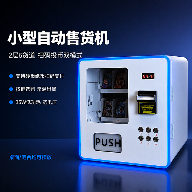 [主图-1] 桌面小型自动售货机首图，左边文字右边产品构图。
[氛围风格] 科技商务风，专业商用设备质感，干净高级。
[画质] 商业摄影质感、光线柔和通透、产品清晰真实、画面干净高级。
[元素] 画面左侧40%区域为文字负空间，右侧60%为产品主体。产品为白色方形桌面自动售货机，正面带蓝色LED氛围灯条，透明橱窗内可见2层6货道商品陈列，右侧有数字显示屏、纸币投币口、6个金属圆形按键，下方PUSH取货口。产品呈45°右前斜侧角度摆放，完整展示正面与右侧面。背景为渐变深蓝色科技感背景，底部有轻微反光台面。保持产品外观（即物理结构、材质质感、颜色、按键数量、显示屏、投币口、PUSH取货口、蓝色灯条）与输入产品图绝对一致，杜绝任何变形和色差，精细化处理。商品主体占比约60%。
[光影] 主光从左上方45°照射，产品正面受光均匀，蓝色灯条有发光效果，右侧面形成自然明暗过渡，底部有柔和接触阴影与台面反光，整体光比舒适、高光不溢、暗部有层次。
[配色] 主色科技蓝+白色；辅色金属银灰、数字屏红色点缀。
[视角构图] 平视微仰视，产品位于画面右侧，左侧留出大面积负空间用于文字排版，景深中等，产品清晰锐利。
[文字版式] 左侧负空间左对齐排版，从上到下分层。最上方主标题大字："小型自动售货机"，白色超大号粗体无衬线字；第二行副标题："2层6货道 扫码投币双模式"，白色中号字，约主标题一半大小；第三行起三个卖点短句，每行前面加蓝色小圆点："支持硬币纸币扫码支付"、"按键选购 常温出餐"、"35W低功耗 宽电压"，白色小号字；底部加一行"桌面/吧台均可摆放"，蓝色稍小字。文字全部在左侧区域，不遮挡产品。
[输出要求] 1:1比例，文字清晰可辨，超高清商业摄影质感。
[负向提示词] 变形，文字错乱，产品图模糊，背景杂乱，水印，电商平台Logo，多余的手，多余的手指，畸形手。