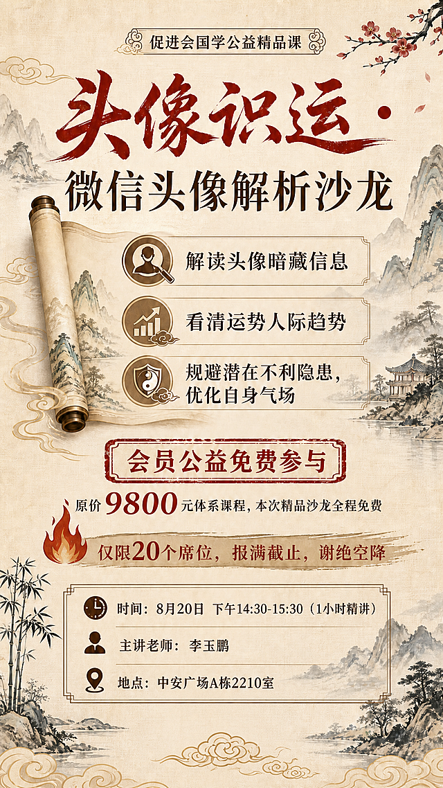 基于这张国学风沙龙海报进行修改：1. 将底部信息区中的"主讲老师：李玉鹏"调整到信息框的中间位置（时间在上，主讲老师居中，地点在下），三项信息垂直居中对齐；2. 删除最底部的二维码占位方块和"扫码报名"竖排文字，底部区域改为简洁的祥云装饰收尾；3. 保持整体米黄宣纸水墨山水风格、配色、字体、卷轴、梅花、竹子等所有装饰元素不变；4. 保持所有文案内容和数字精确不变，包括"9800""20""8月20日""14:30-15:30"等数字必须精确渲染；5. 版式精美，层级分明，四周留足安全边距。