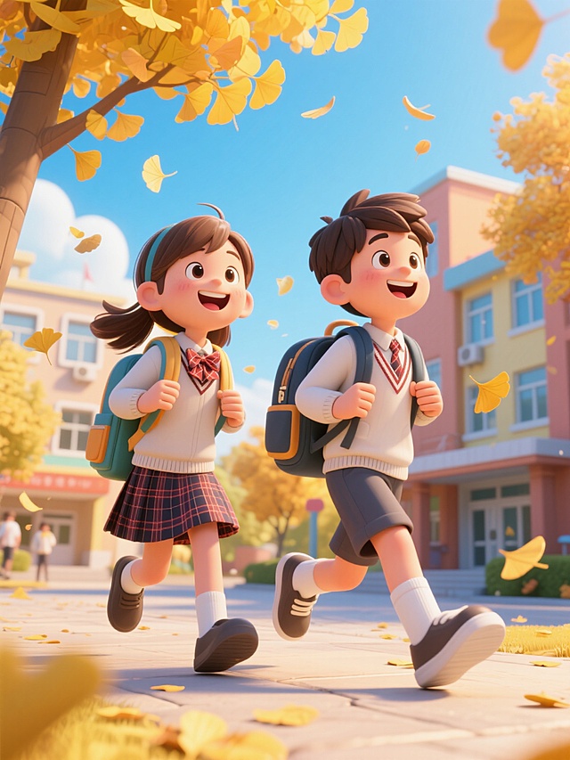 画面呈现3D卡通风格的开学场景：背着书包的男孩女孩身着英伦校服，在洒满阳光的秋日校园中欢笑前行，金黄银杏叶随风飘落，背景有可爱的卡通教学楼和湛蓝天空，整体活泼明快且不含文字，洋溢着积极盎然的氛围，尺寸调整为3:4