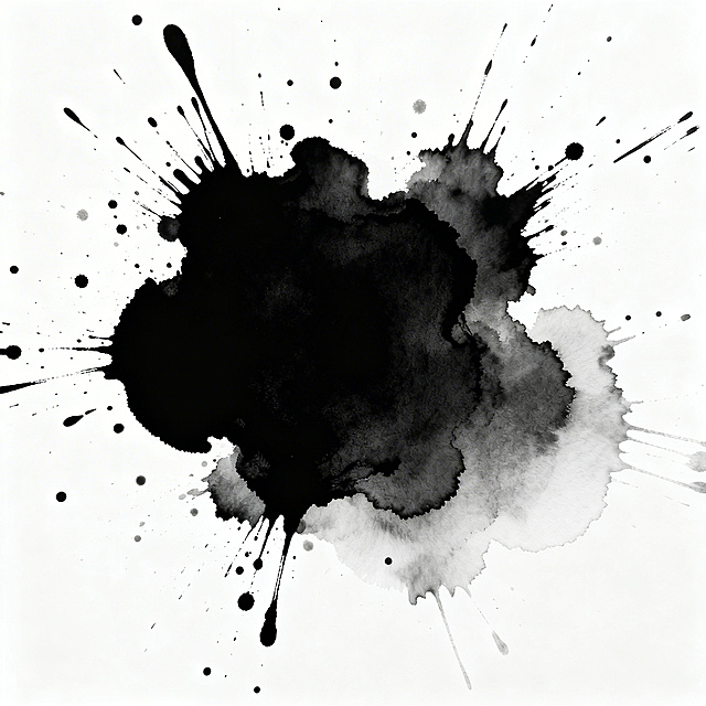 画面中央有一个大型的、不规则形状的纯黑色墨渍污渍，边缘有向外飞溅的墨滴和细小墨点，墨渍中心浓郁饱满，边缘逐渐变淡，具有自然的液体泼溅纹理和随机性，背景为纯白色，整体呈现出简洁、原始的污渍素材质感