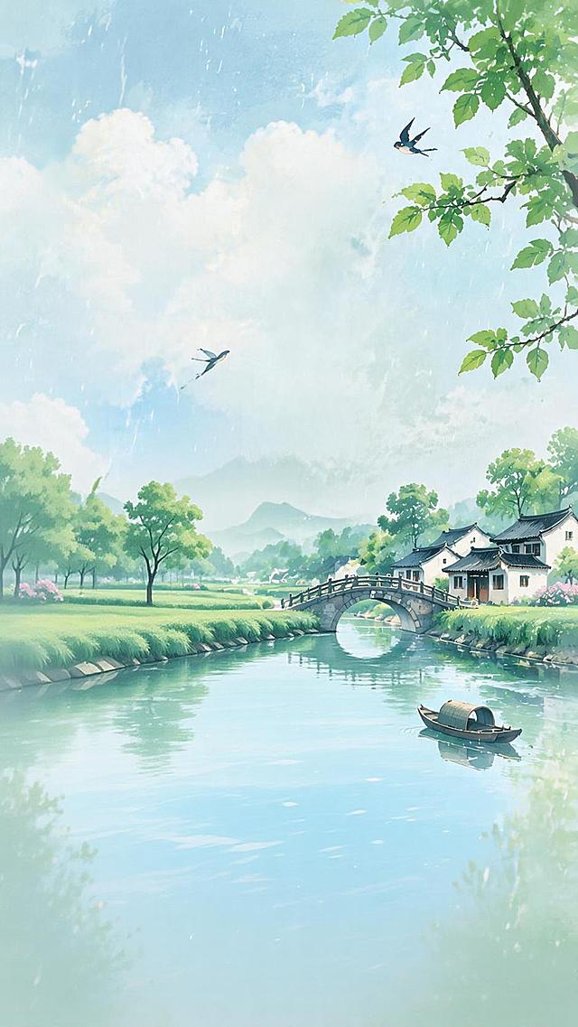 二十四节气小满创意海报，国风插画风格，初夏稻田麦穗饱满，雨水滴落麦芒，江南水乡乡间场景，突出"小满"主题文字，清新治愈配色，高清质感，32K分辨率