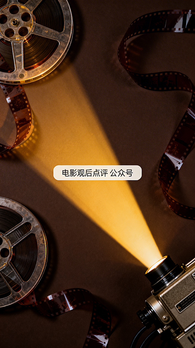 电影观后点评公众号首图，深色胶片质感背景，散落电影胶片卷轴，有电影放映机光束，中间留白，整体简约文艺，适合搭配文字，电影氛围感