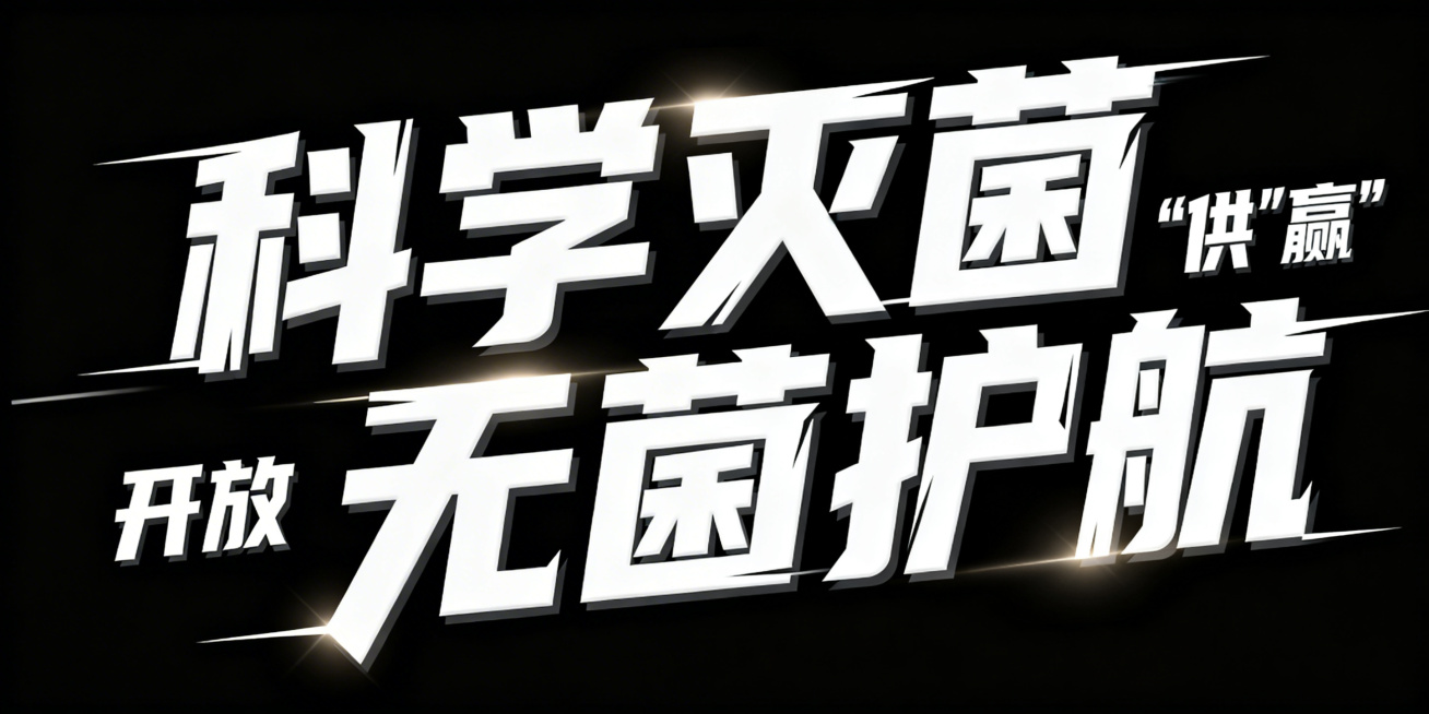 海报标题设计，强烈视觉冲击力的艺术字体，主体文字为“科学灭菌 无菌护航 ”，搭配稍小字体“开放“供赢”
”，字体采用粗体设计，笔画边缘带有锐利的切割感与速度线效果，营造出蓬勃向前的动感，整体色调为纯净预览效果