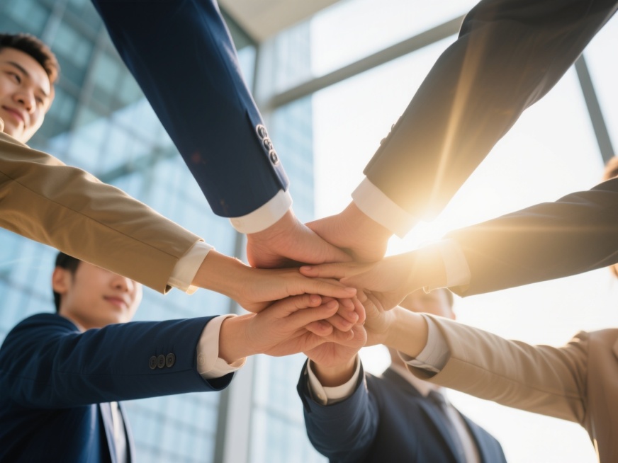 高清写实风格办公背景，温暖明亮的晨光从写字楼玻璃窗斜射而入，形成柔和的光晕与清晰的光影层次，画面主体为多只穿着正式西装（深蓝色、卡其色等商务着装）的手紧密交叠相握，展现团队协作与信任的氛围，人物姿态自然有力，背景虚化处理突出手部细节，整体色调以暖金色与商务蓝为主，营造专业、积极且充满活力的办公场景，适合作为企业宣传或团队建设主题的背景图。预览效果