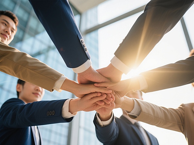 高清写实风格办公背景，温暖明亮的晨光从写字楼玻璃窗斜射而入，形成柔和的光晕与清晰的光影层次，画面主体为多只穿着正式西装（深蓝色、卡其色等商务着装）的手紧密交叠相握，展现团队协作与信任的氛围，人物姿态自然有力，背景虚化处理突出手部细节，整体色调以暖金色与商务蓝为主，营造专业、积极且充满活力的办公场景，适合作为企业宣传或团队建设主题的背景图。