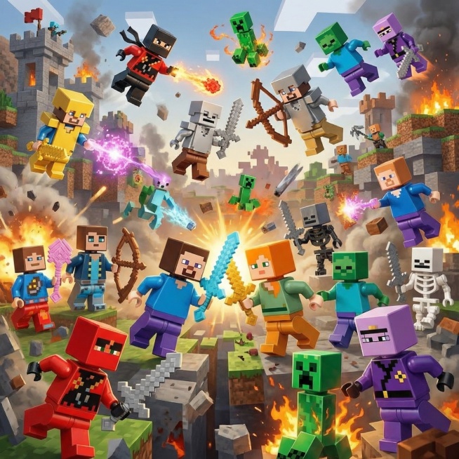 重新生成，将图中的36款我的世界乐高人仔变得生动形象，调整人仔比例大小，制作出热血的战斗氛围，保留所有角色，画面整体充满动感和张力预览效果