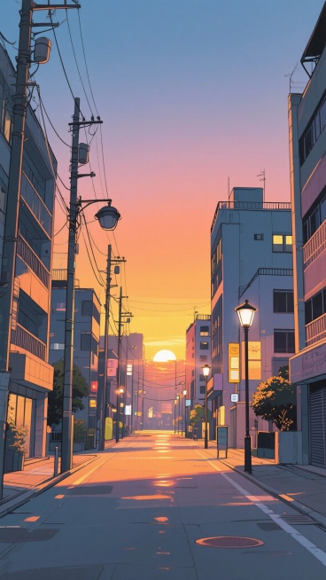 二次元，城市夜晚黄昏，氛围回忆，暖洋色，不要人物，细节丰富，9:16，生成二张预览效果