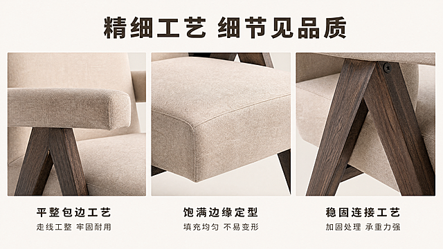 [第6屏] 细节工艺展示-复古布艺实木扶手休闲椅。本屏使用三张产品图结合展示三个细节部位：图1展示扶手包边、图2展示座包边缘、图3展示椅腿连接处，保持各部位结构材质与原图一致。
[氛围/风格] 工整细节展示，清晰呈现工艺细节，干净专业的产品细节摄影。
[元素布局] 三格横排布局，每个细节占约三分之一画面，每个格子都是上细节图下文字说明，排列整齐间距均匀。第一格展示扶手布艺包边，第二格展示座包填充饱满边缘，第三格展示椅腿交叉连接固定工艺。整体背景统一浅米色，干净不抢主体。
[光影质感] 每个细节都均匀布光，清晰呈现缝线、包边、连接处的工艺，纹理清晰，明暗适中。
[配色色系] 全局底色：#F8F5F0（暖米白）；细节图主体：保持原图产品本色；文字：#3C362F（深棕色）。
[视角构图] 每个格子都为局部特写视角，横版三等分构图，16:9比例，工整规范。
[文字版式] 顶部通栏标题「精细工艺 细节见品质」深棕色粗体居中；三个格子分别配文字说明：第一格标题「平整包边工艺」说明「走线工整 牢固耐用」；第二格标题「饱满边缘定型」说明「填充均匀 不易变形」；第三格标题「稳固连接工艺」说明「加固处理 承重力强」。文字居中对齐，字号适中清晰可读。
[比例分辨率] 16:9 横版比例，4K分辨率，文字清晰可辨，超高清。
[负向提示词] 构图歪斜，格子大小不均，细节模糊，产品变形，文字错乱，水印，颜色偏差