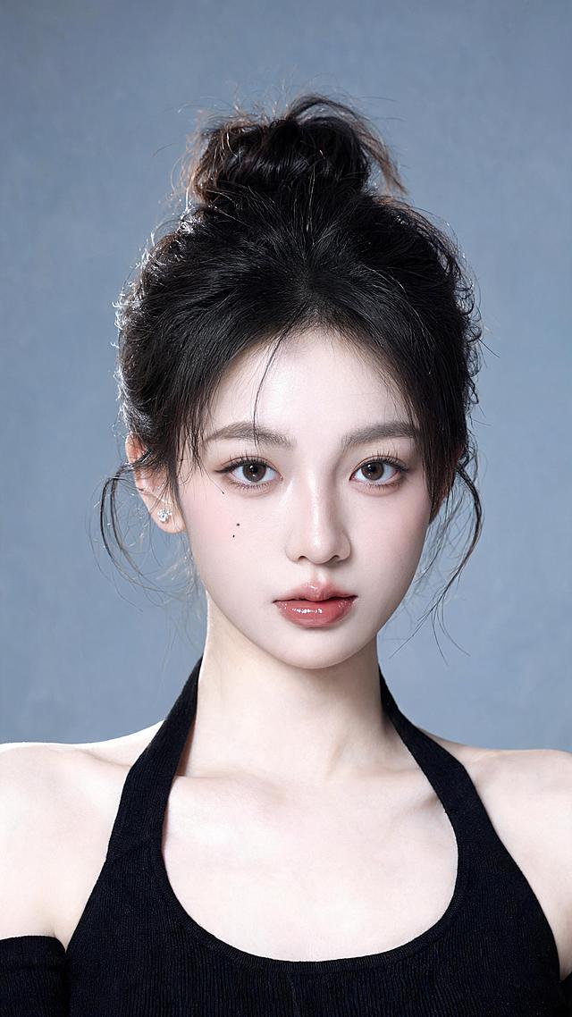 人物肖像，脸型与皮肤：流畅紧致的鹅蛋脸，骨相柔和舒展，下颌线干净利落；皮肤呈清透哑光的冷调白皙，保留细腻原生肌理，妆感轻薄精致，面中带自然光泽，无厚重粉感，整体是伪素颜轻妆的高级质感；眉眼细节：平缓舒展的自然野生眉，毛流感清晰真实；偏圆长的杏眼，睫毛纤长卷翘，下眼睑带淡粉饱满卧蚕，右眼下（观众视角左侧）有一颗精致小泪痣；眼神清澈柔和直视镜头，眼内有清晰的柔光光斑；鼻唇细节：精致直鼻，山根立体挺拔，鼻头小巧圆润，鼻翼收窄线条柔和；嘴唇饱满立体，覆水润玻璃唇釉，呈粉棕豆沙色调，唇峰清晰，唇部光泽感强，提升精致氛围感；发型造型：高颅顶蓬松丸子头，发丝凌乱有空气层次，额前、鬓角散落自然胎毛碎发修饰脸型；头顶发丝有通透光泽，整体随性不刻意，营造松弛的高级感；穿搭配饰：黑色哑光针织挂脖露肩上衣，露出完整肩颈线条与锁骨，拉长颈部比例；耳部佩戴单颗圆形小钻耳钉，简约精致，不抢夺视觉重心；影棚纯色哑光高级灰背景，色调为低饱和中性冷灰，均匀统一无杂质；背景无任何杂物、纹理与光影断层，从人物边缘向四周有极细微的明暗渐变，营造微弱的空间纵深感；全程做视觉减法，完全剥离多余元素，让人物与光影成为绝对主体，是极简肖像写真的经典背景处理；主光类型：侧顶柔光（单灯 + 柔光箱布光），主光源来自人物右前上方（观众视角左上方），光质柔和弥散，是棚拍高级肖像的经典布光方案；顶部光效：光线扫过头顶蓬松碎发，形成柔和的发丝轮廓光，强化高颅顶立体感；发根处有通透的光泽过渡，发丝根根分明但不刺眼，无硬边过曝；面部光影：额头、鼻梁、苹果肌等面中区域均匀受光提亮，下颌线、脸颊侧面形成自然柔和阴影，光影过渡顺滑，光比约 1.5:1；既突出面部骨相立体感，又保留皮肤通透质感，无生硬阴影边界；肩颈光影：肩部边缘有清晰高光勾勒，突出肩颈线条流畅感，锁骨区域有自然明暗层次，强化身体轮廓；整体氛围：低对比度高级灰调，高光柔和不溢出，暗部通透不死黑；冷灰背景衬暖调肤色，色彩克制干净，光影质感高级，是典型的极简棚拍肖像风格
