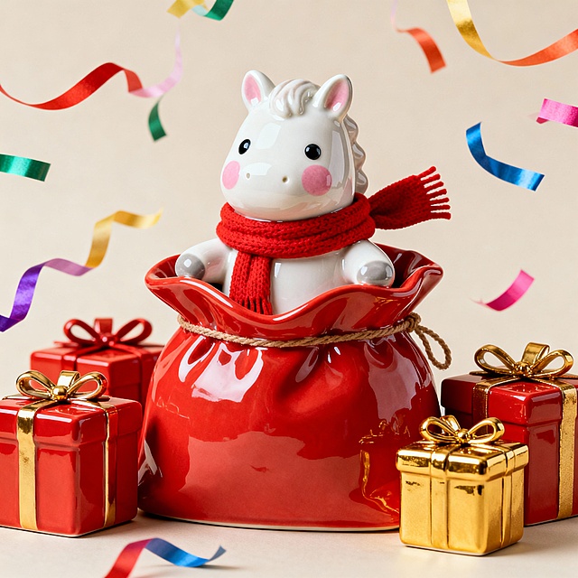 萌趣写实风，软萌小马玩偶与红包袋、红金礼盒结合，色彩鲜亮，营造治愈喜庆的节日氛围。