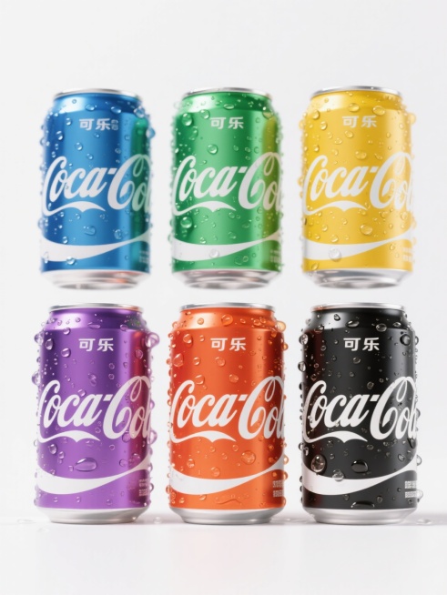 六个不同颜色包装的可乐罐系列集合，每个罐身保持相同的经典弧形白色条纹和"可乐"中文标识设计，罐身覆盖晶莹水珠，边缘有飞溅的冰块效果，金属罐身呈现细腻的光影反射质感，整体采用高分辨率写实摄影风格，六个可乐罐以2x3网格形式规整排布在纯白色纯色背景上，每个罐子分别采用蓝色、绿色、黄色、紫色、橙色和黑色作为主体色彩，保持统一的光影效果和水珠冰块细节，整体画面简洁明快，突出产品的清凉感和系列多样性。预览效果
