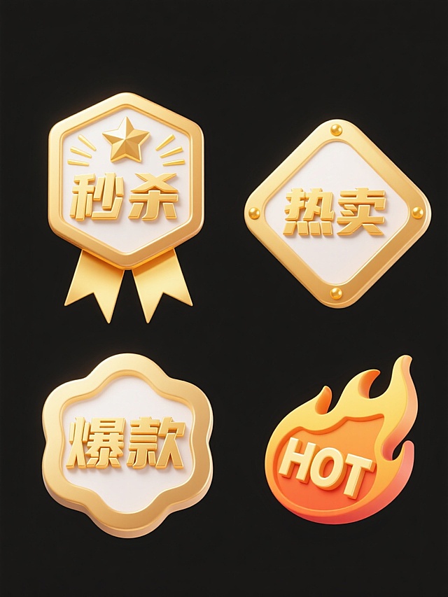 4个造型各异的金色徽章式爆款标签系列，均采用相同的3D立体质感、金色渐变光泽、高光阴影细节和白色背景，第一个为顶部带五角星的八边形徽章内含“秒杀”文字并搭配底部金色飘带，第二个为圆形盾牌造型中央是立体“爆款”字样并环绕放射状金色光芒，第三个是菱形边框内嵌“热卖”文字且四角装饰金色小圆点，第四个为不规则火焰外形内部是倾斜“HOT”字母并带有金色燃烧纹理，所有标签等距规整排列成一行。