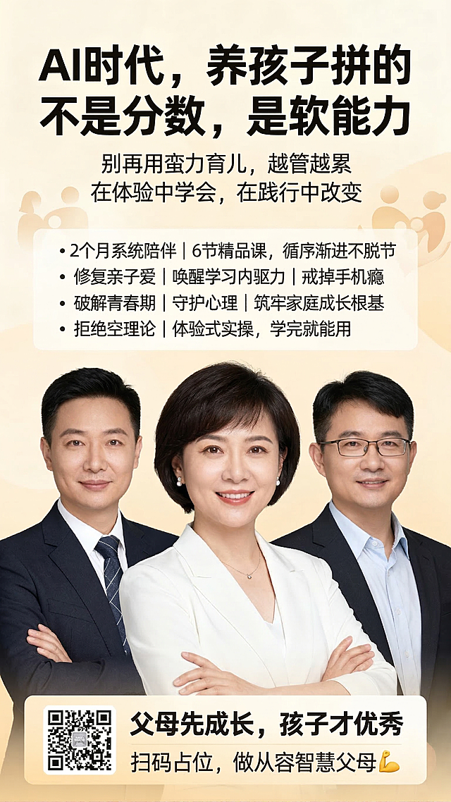 亲子育儿课程宣传海报，顶部大号居中主标题写着"AI时代，养孩子拼的不是分数，是软能力"，下方小字副标题写着"别再用蛮力育儿，越管越累 在体验中学会，在践行中改变"，中间核心课程亮点部分用项目符号列出：
- 2个月系统陪伴 | 6节精品课，循序渐进不脱节
- 修复亲子爱 | 唤醒学习内驱力 | 戒掉手机瘾
- 破解青春期 | 守护心理 | 筑牢家庭成长根基
- 拒绝空理论 | 体验式实操，学完就能用
海报下方醒目位置写着行动口令"父母先成长，孩子才优秀 扫码占位，做从容智慧父母💪"，海报底部展示三位讲师人像，人像缩小，一位在前，另外两位并排排列在后方，整体干净简约，专业家庭教育风格，暖色调