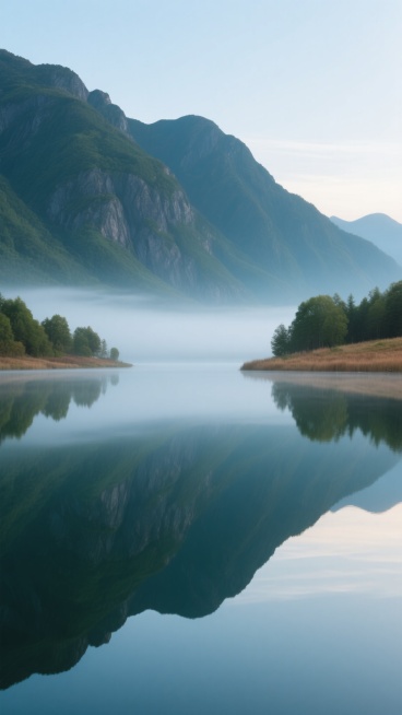 写实摄影风格的山水风景，清晨薄雾笼罩的宽阔湖面，湖水如镜般倒映着远处连绵起伏的墨绿色山峦，山体呈现出岩石的纹理和植被覆盖的细节，湖岸两侧点缀着低矮的绿树和棕色的草地，水面平静无波，天空是淡蓝色带有柔和的晨光，整体氛围宁静悠远，画面采用对称构图，景深清晰，光影柔和，色彩以蓝绿色和棕色为主调，展现出自然景观的真实质感和静谧之美。预览效果