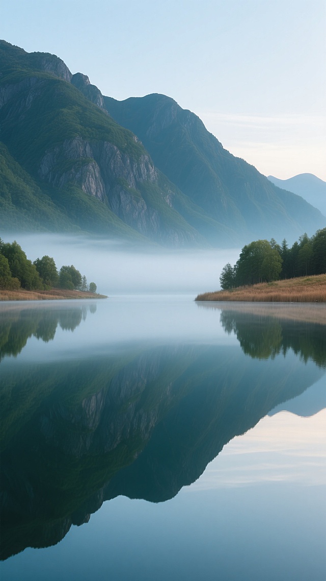 写实摄影风格的山水风景，清晨薄雾笼罩的宽阔湖面，湖水如镜般倒映着远处连绵起伏的墨绿色山峦，山体呈现出岩石的纹理和植被覆盖的细节，湖岸两侧点缀着低矮的绿树和棕色的草地，水面平静无波，天空是淡蓝色带有柔和的晨光，整体氛围宁静悠远，画面采用对称构图，景深清晰，光影柔和，色彩以蓝绿色和棕色为主调，展现出自然景观的真实质感和静谧之美。