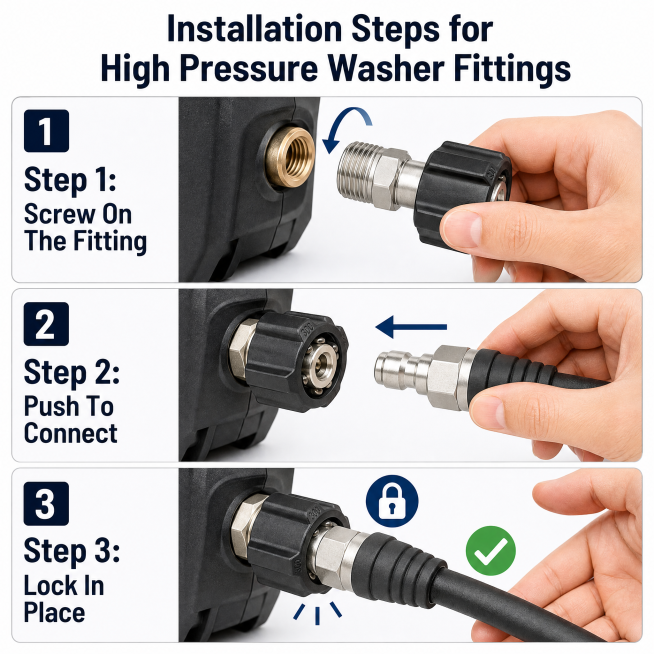 [第5屏] Installation Steps for High Pressure Washer Fittings. Three-step demonstration:  Step 1: Screw预览效果