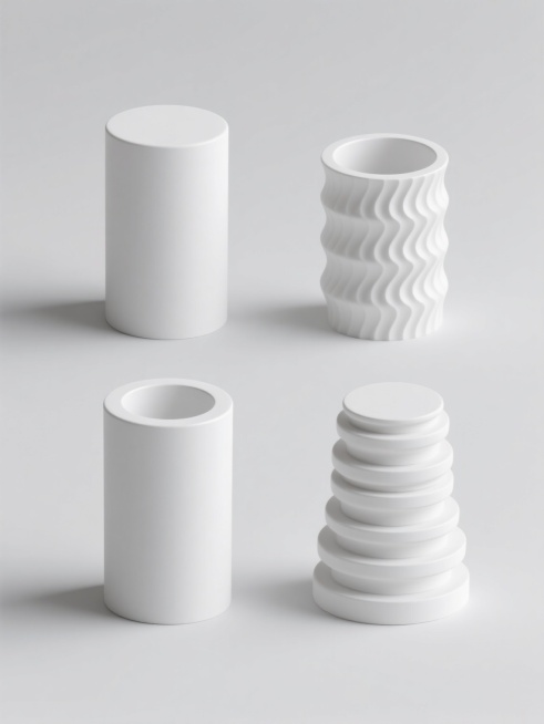 一张极简主义风格的系列素材集合，展示4个完全不同造型的白色圆柱元素内容，它们被规整地排布在纯白色的纯色背景上。所有圆柱都保持了原图中3D渲染的光滑白色表面质感、柔和的顶部边缘高光以及底部淡淡的投影效果，整体呈现出简洁、干净、现代的设计感。第一个圆柱是基础的光滑无装饰圆柱体；第二个圆柱表面有水平的波浪形凹凸纹理；第三个圆柱顶部有向内凹陷的圆形曲面设计；第四个圆柱则是由多个大小不一的同心圆环堆叠而……预览效果