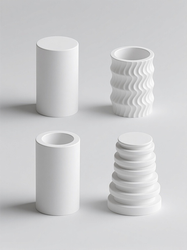 一张极简主义风格的系列素材集合，展示4个完全不同造型的白色圆柱元素内容，它们被规整地排布在纯白色的纯色背景上。所有圆柱都保持了原图中3D渲染的光滑白色表面质感、柔和的顶部边缘高光以及底部淡淡的投影效果，整体呈现出简洁、干净、现代的设计感。第一个圆柱是基础的光滑无装饰圆柱体；第二个圆柱表面有水平的波浪形凹凸纹理；第三个圆柱顶部有向内凹陷的圆形曲面设计；第四个圆柱则是由多个大小不一的同心圆环堆叠而成的阶梯状圆柱体。这些圆柱在画面中以两行两列的对称方式整齐排列，彼此间距均匀，共同构成一个和谐统一的系列设计素材。