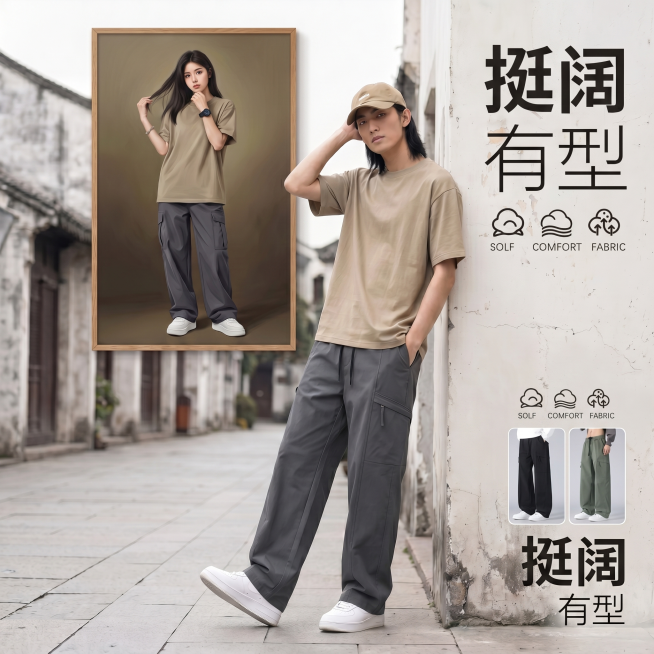 将参考图中画框内站立女生的深灰色裤子替换为图片2的深灰色工装裤，保持整体海报构图、文字和其他元素不变预览效果