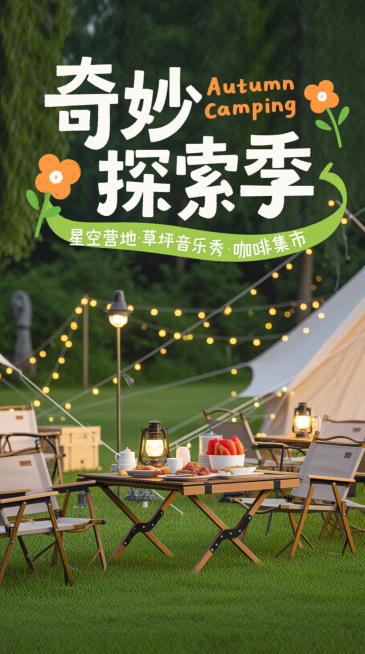 画面上方有白色艺术字标题“奇妙探索季” ，橙色小字“Autumn Camping ”搭配橙色手绘小花，绿色飘带标注 “星空营地・草坪音乐秀・咖啡集市”；中间是露营桌椅，摆放着美食、灯具等露营装备，背景预览效果