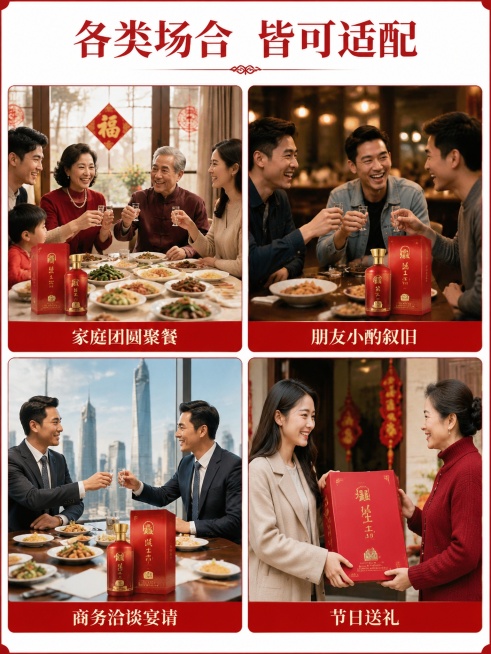 [第8屏] 适用人群与场景介绍，覆盖疆域王红韵酒各类饮用场合。
[氛围/风格] 温馨生活氛围，多场景拼接，自然写实风格
[元素布局] 四个场景分2×2网格排布：家庭团圆聚餐、朋友小酌叙旧、商务洽谈宴请预览效果