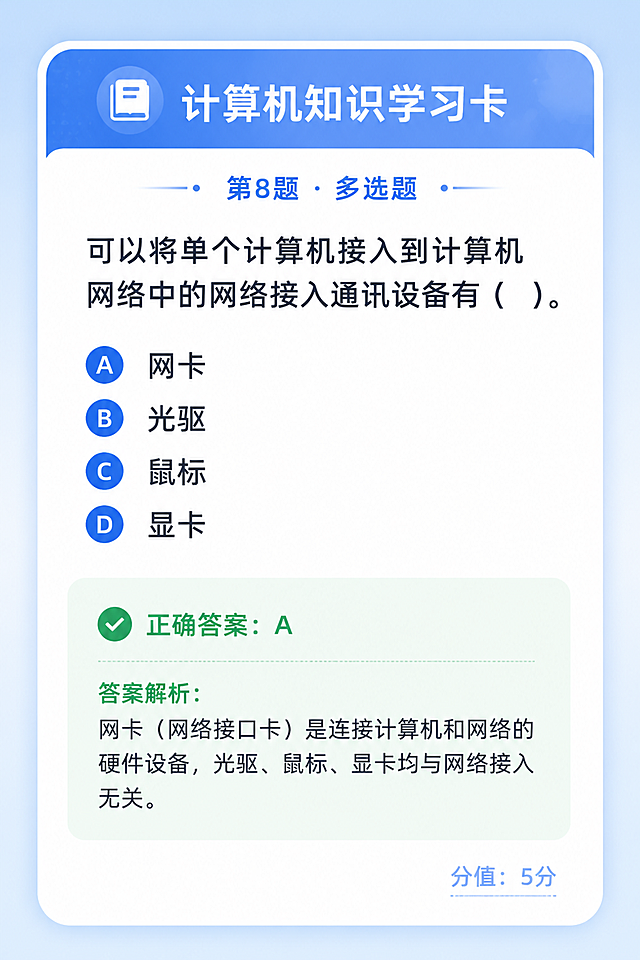 一张简约清新风格的学习卡片，竖版设计，浅蓝色渐变背景，白色圆角卡片主体。卡片顶部有蓝色标题栏写着"计算机知识学习卡"，下方标注"第8题 · 多选题"。中间区域是题目内容："可以将单个计算机接入到计算机网络中的网络接入通讯设备有（ ）。"，下方排列四个选项：A、网卡  B、光驱  C、鼠标  D、显卡。卡片下半部分有一个浅绿色背景的答案区域，写着"正确答案：A"，下方是答案解析："网卡（网络接口卡）是连接计算机和网络的硬件设备，光驱、鼠标、显卡均与网络接入无关。" 右下角标注"分值：5分"。整体风格干净清爽，字体清晰易读。