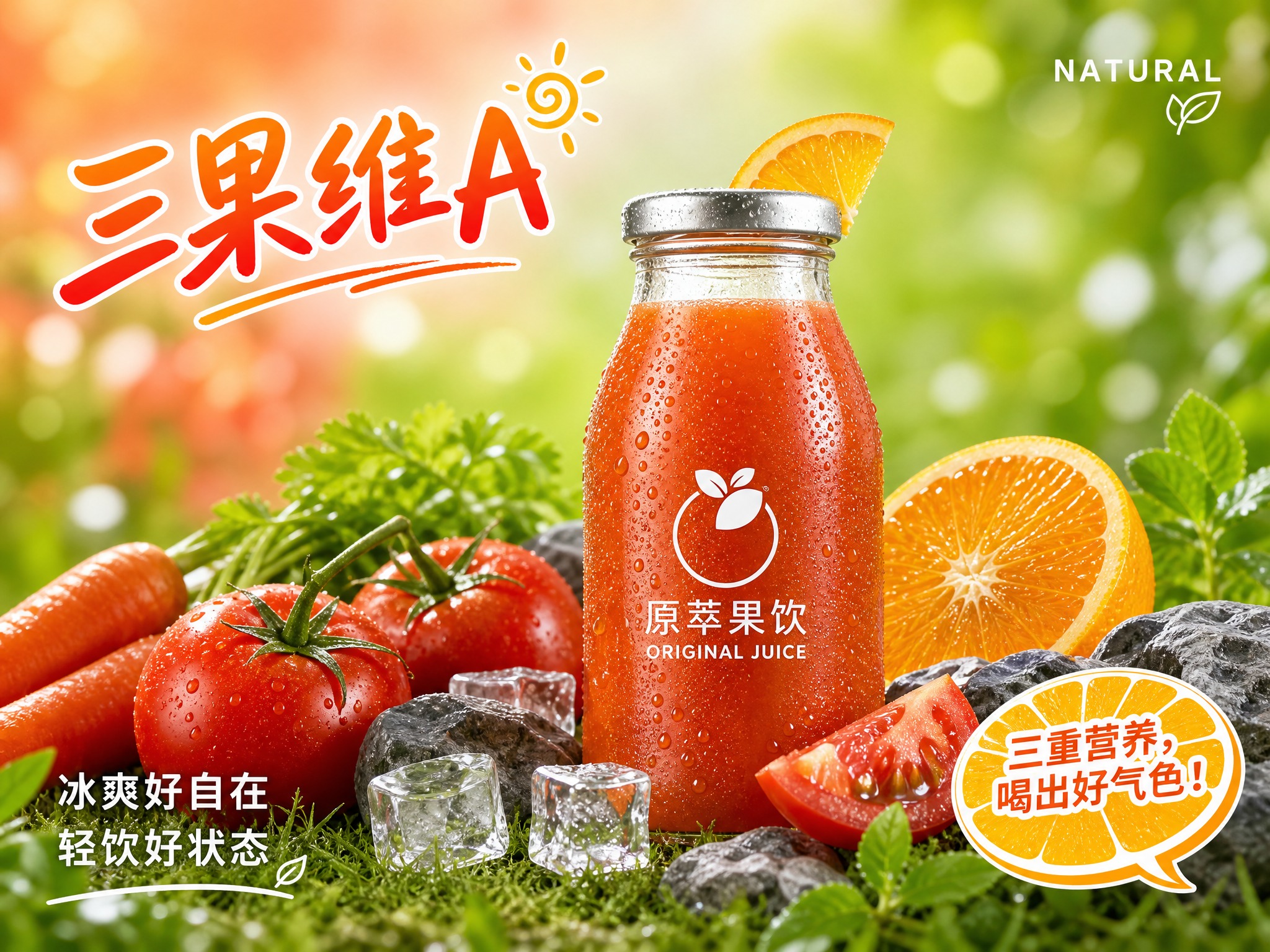 番茄胡萝卜橙鲜榨果汁广告海报，4:3横版比例。画面中央是一瓶透… - 图片创意预览